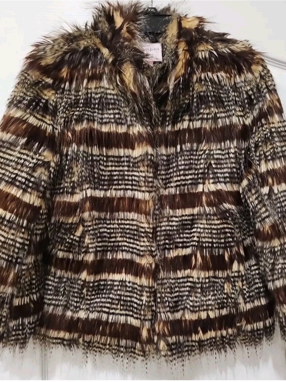 Romeo & Juliet Couture Brown, Cream & Tan Faux Fur Stripe Jacket